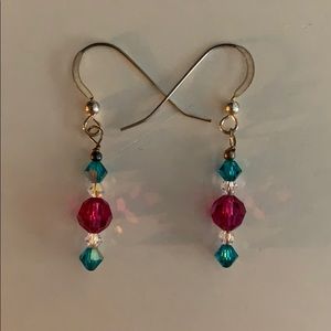 Beaded Dangly Pink & Blue Crystal Earrings